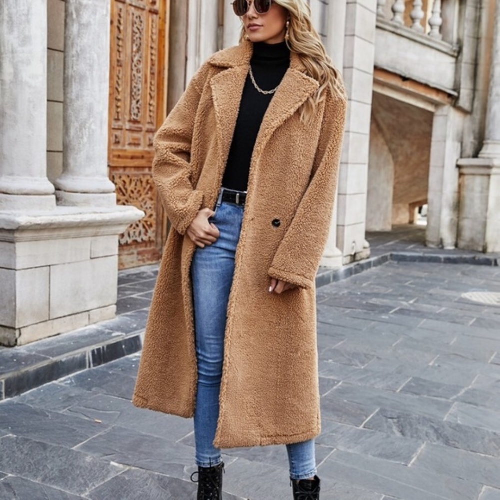 Camel wide collar teddy button trench Coat Jacket Fall - Picture 3 of 10